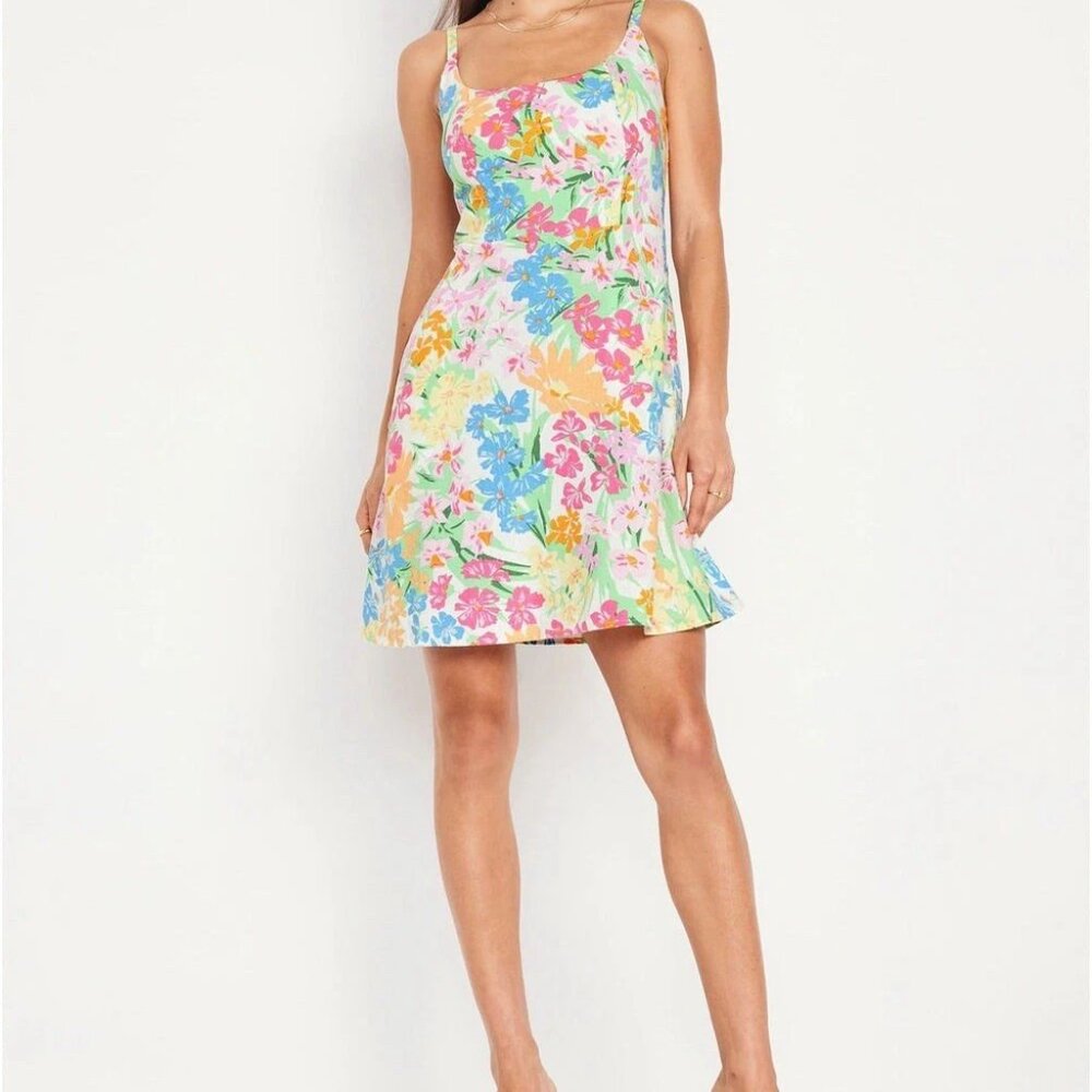 Old Navy Pastel Floral Linen Blend Cami Dress Women's Size M Sundress Pockets